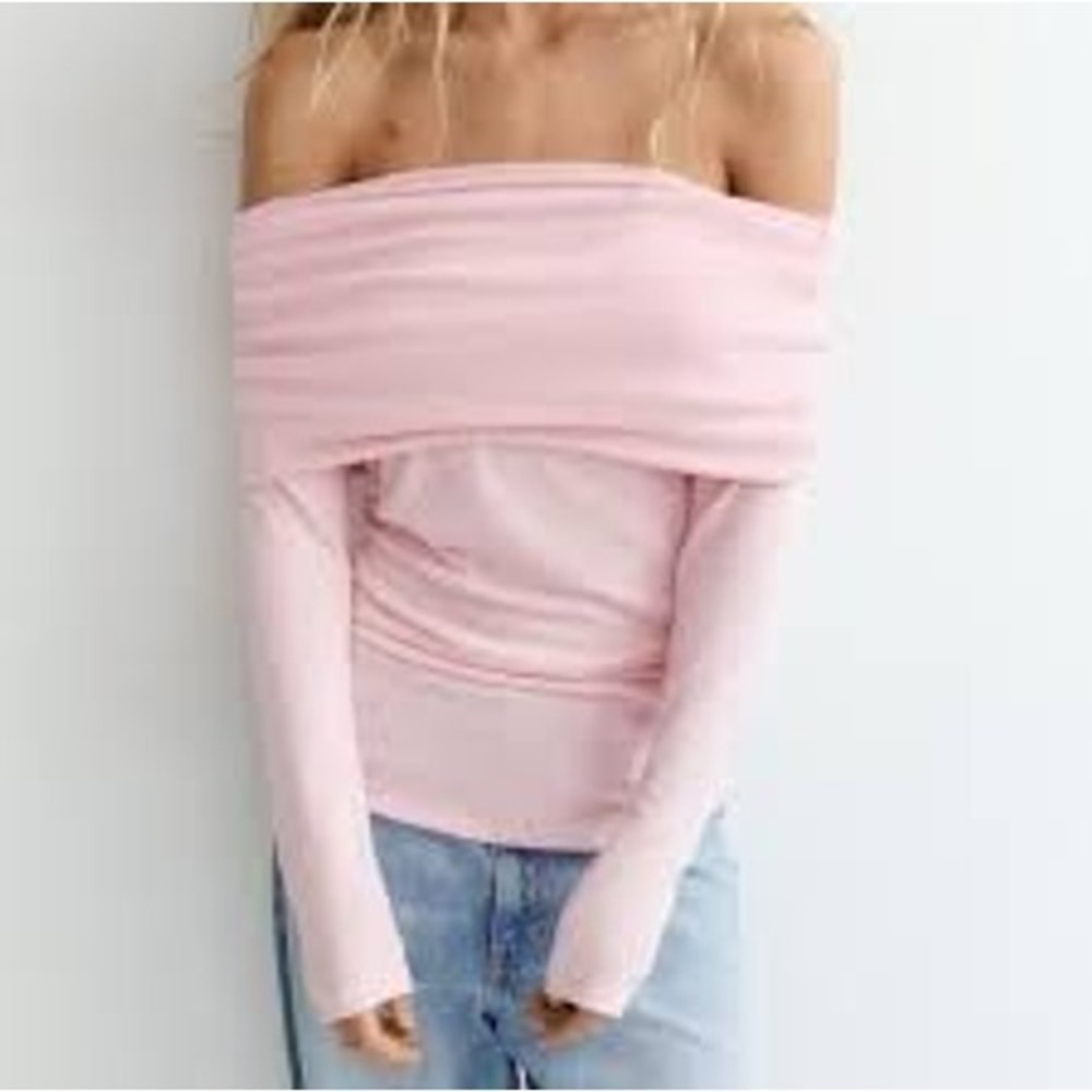Zara Off-the-Shoulder Size M Top Pink Fold Over Long Sleeve Bardot Slim Fit Soft
